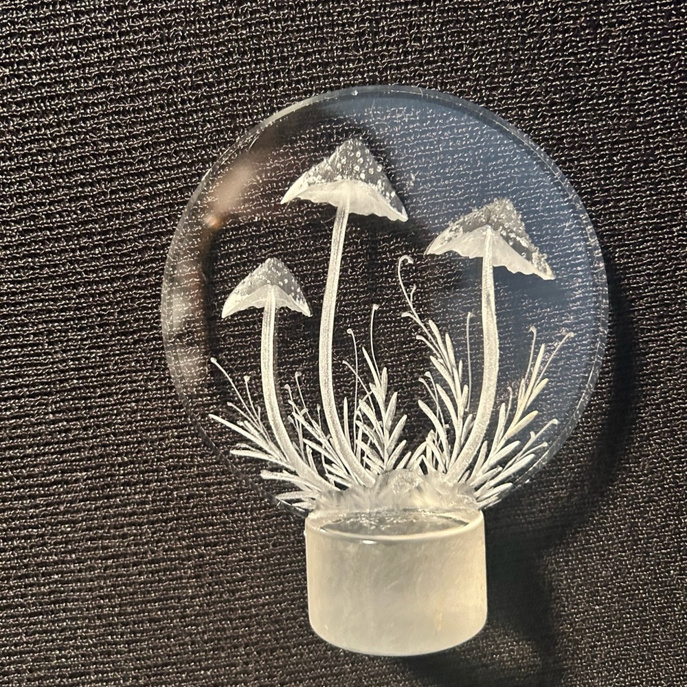 Vintage lucite acrylic reverse carved sculpture with mushroom scene
